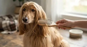 An inexpensive wire pin brush detangling long silky fur on a medium-sized dog, priced under thirty dollars CAD for Canadian pet owners.