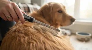 A slicker brush grooming a poodle mix with curly coat, showcasing an economical choice under thirty dollars CAD for Canadian households.