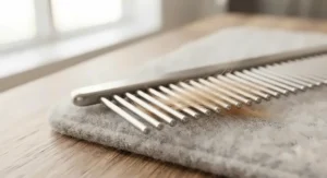 Close-up of rounded metal teeth on a dog comb for long-haired breeds, designed to gently remove tangles without scratching sensitive skin.
