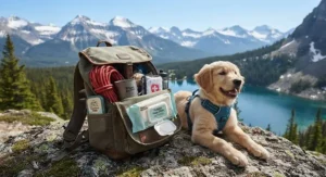 Illustration of portable dog wipes for puppies packed in a hiking bag for outdoor adventures across Canada.