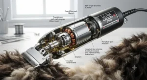 Illustration showing the powerful motor mechanism inside professional-grade dog clippers for thick coats.