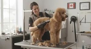 Canadian pet groomer using cordless dog clippers in a professional grooming salon setup.