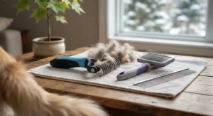 At-home grooming kit including a dematting tool for dogs with matted fur, slicker brush, and stainless steel comb on a wooden table.