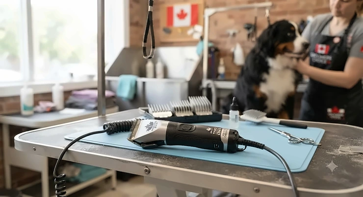 Professional-grade dog clippers for thick coats resting on a grooming table ready for use in a Canadian pet salon.