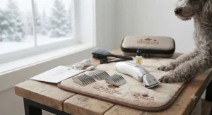 A complete grooming kit featuring a professional-grade paw trimmer for dogs alongside cleaning brushes and oil.