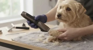 Quiet-running cordless dog clippers being used gently near a nervous dog's paw.