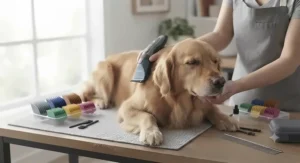 Low-noise dog grooming clipper kit keeping a calm dog relaxed during a home haircut.