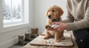 A quiet paw trimmer for dogs gently grooming a nervous puppy to keep paws clean of snow and mud.