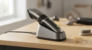 Rechargeable cordless dog clippers resting on a USB charging dock.