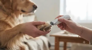 An ergonomic paw trimmer for dogs featuring a safe precision blade for trimming between paw pads.