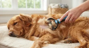 An ergonomic dematting tool for dogs with matted fur showing rounded stainless steel teeth safely gliding near the skin.