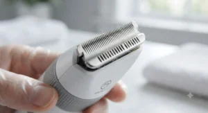 Close-up of rounded safety blades on a face trimmer for dogs with sensitive skin.