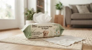 Illustration of safe, natural dog wipes for puppies formulated for a puppy's delicate skin.