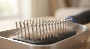 Detail view of safe, rounded pin tips on an undercoat rake for heavy shedding dogs protecting sensitive skin.