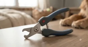 Scissor-style dog nail clippers with rubber-grip handles designed for precision cutting.