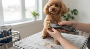 A compact, inexpensive pet trimmer being used gently around a small dog's paws.