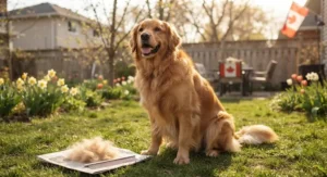 Happy dog sitting outdoors in a Canadian backyard after being thoroughly brushed with a quality dog comb for long-haired breeds.