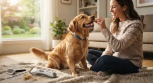 An owner treating a happy golden retriever after a stress-free grooming session with quiet dog clippers.