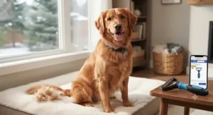 A happy dog sitting proudly after being groomed with a top-rated dematting tool for dogs with matted fur bought online in Canada.