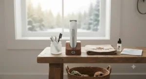 A portable USB rechargeable paw trimmer for dogs neatly displayed next to grooming accessories.