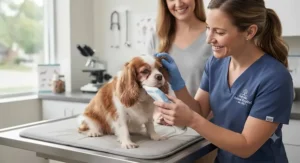 Veterinarian holding a gentle face trimmer for dogs with sensitive skin during a checkup.