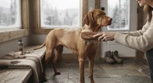 Illustration of winter coat care for Canadian short-haired dogs using a specialized bristle brush.
