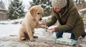 Illustration of dog wipes for puppies used to clear winter salt and snow from paws.