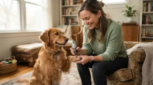 A pet owner gently using an affordable electric dog nail grinder on a golden retriever at home in Toronto.