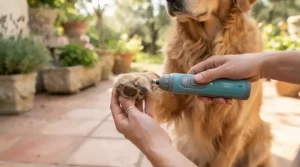 Using a battery-powered cordless vs corded dog nail grinder for easy grooming on a golden retriever in Toronto.