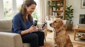 A Canadian pet owner comparing a cordless vs corded dog nail grinder on a cozy couch during a winter afternoon.