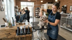 A professional pet groomer testing battery life with a cordless vs corded dog nail grinder in a busy salon.