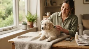 A calm puppy sitting still while being introduced to a cordless vs corded dog nail grinder indoors.