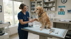 A veterinary assistant holding a cordless vs corded dog nail grinder ready for a claw trim in Vancouver.