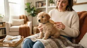 A tiny puppy experiencing its first grooming session using dog nail clippers for small dogs in a sunlit Canadian living room.