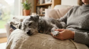 Gentle handling of an older small dog while using specialized dog nail clippers for small dogs.
