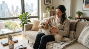 A pet owner using dog nail clippers for small dogs on a Pomeranian in a modern Toronto apartment setting.