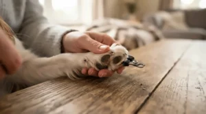 Close-up of safe dog nail clippers for small dogs being used on a delicate Chihuahua paw on a wooden table.