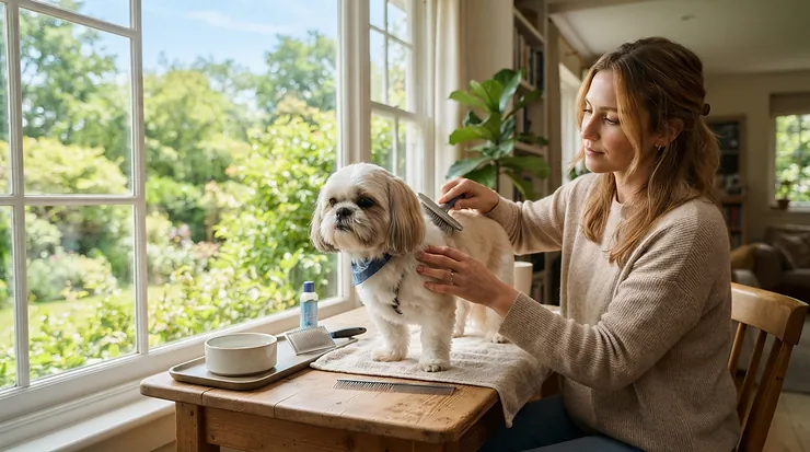 Calm grooming routine using ergonomic dog nail clippers for small dogs inside a cozy Vancouver home.
