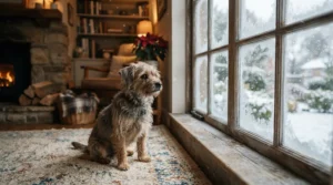 Indoor paw care session using reliable dog nail clippers for small dogs during a snowy Canadian winter day.