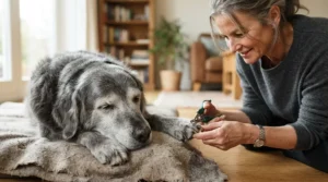 Gentle grooming using dog nail clippers for thick nails on an older mastiff dog
