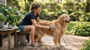 Outdoor paw care using dog nail clippers for thick nails on a backyard deck
