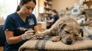 A nervous rescue dog staying calm while introduced to a dog nail grinder for anxious dogs in a bright bedroom.