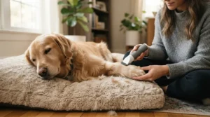 A calm evening grooming routine featuring a dog nail grinder for anxious dogs in a warmly lit den.