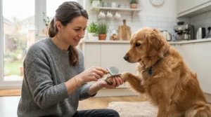 A trainer showing a gentle approach with a dog nail grinder for anxious dogs on a wooden kitchen floor.