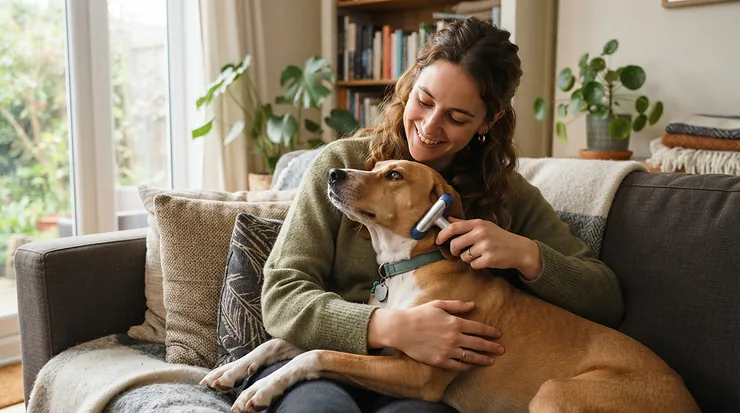A pet owner soothing a fearful hound while using a dog nail grinder for anxious dogs on a couch.