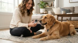 A veterinarian demonstrates how to introduce a dog nail grinder for anxious dogs on a rug in a cozy living room.