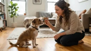 Rewarding a shaking pup with praise after using a dog nail grinder for anxious dogs in an apartment.