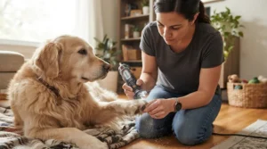 Using a heavy-duty electric dog nail grinder on a large German Shepherd's thick nails.