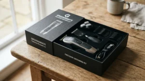 An electric dog nail grinder starter kit laid out on a wooden table, perfect for Canadian pet owners.