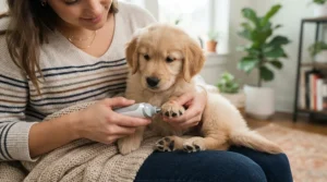 A tiny puppy experiencing a gentle electric dog nail grinder for its first grooming session.